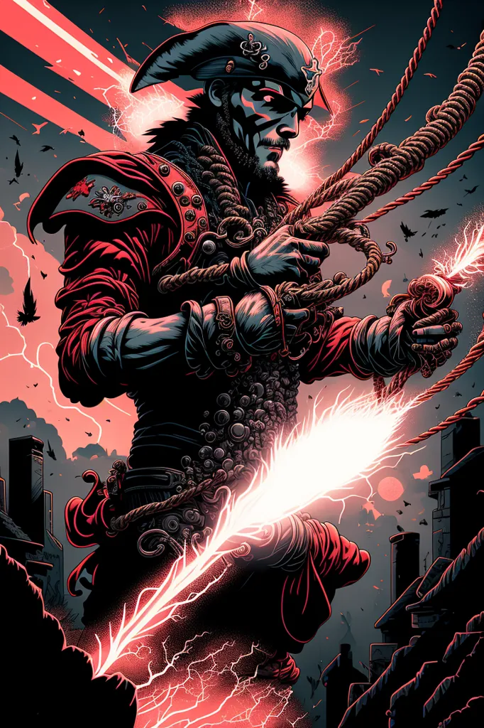 The image is of a man dressed in a pirate-like outfit. He is wearing a red coat and a hat. He has a sword in one hand and a rope in the other. He is standing on a rooftop with a cityscape in the background. The sky is dark and there are storm clouds.