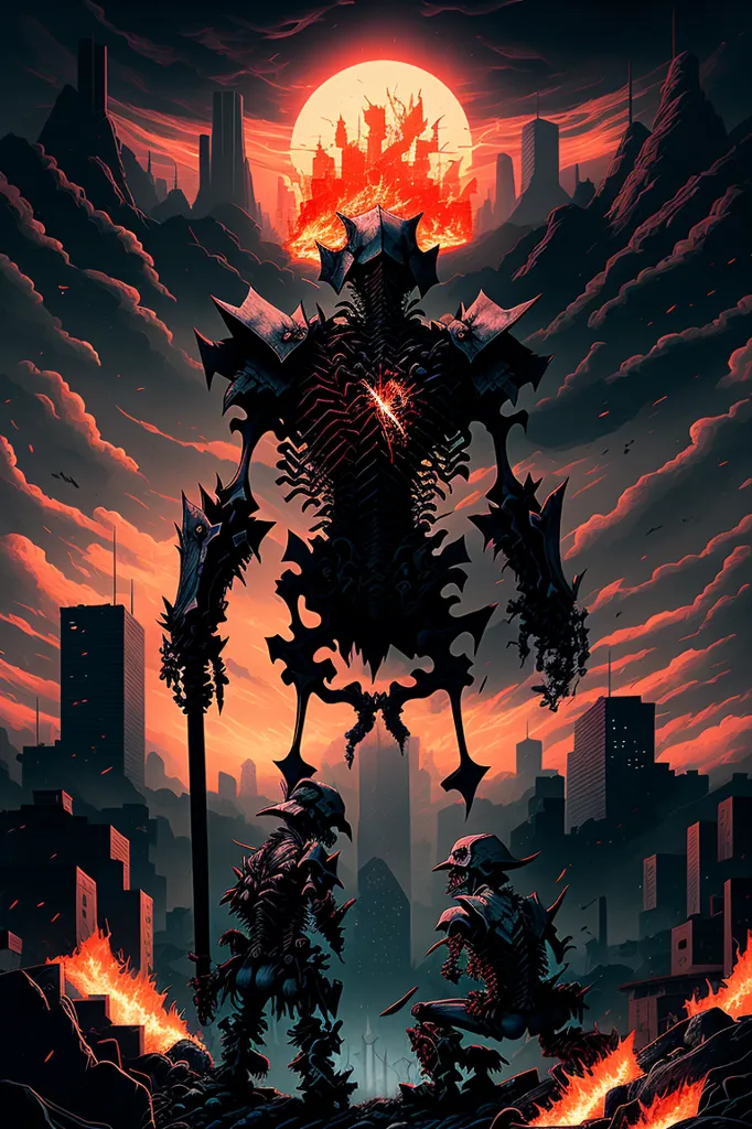 The image is a dark fantasy illustration of a giant skeletal monster standing in a ruined city. The monster is surrounded by fire and smoke, and there are two smaller creatures kneeling in front of it. The monster has a large, glowing red heart, and is holding a staff. The city is in ruins, and there are fires burning everywhere. The sky is dark and there are clouds.