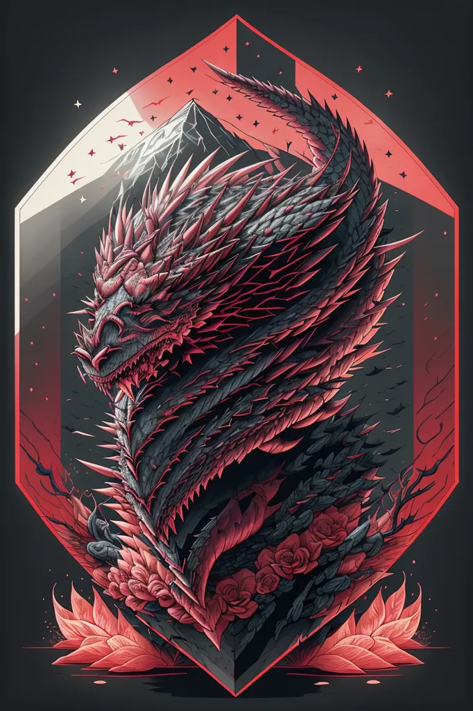 La imagen es una pintura digital de un dragón. El dragón es negro con destellos rojos y tiene un cuerpo largo y serpentino. Está parado sobre un lecho de rosas rojas y tiene las alas extendidas detrás de él. El fondo es un gris oscuro con un cristal rojo en la esquina superior izquierda y una cordillera en la distancia. El dragón está mirando al espectador y tiene la boca abierta, mostrando los dientes.