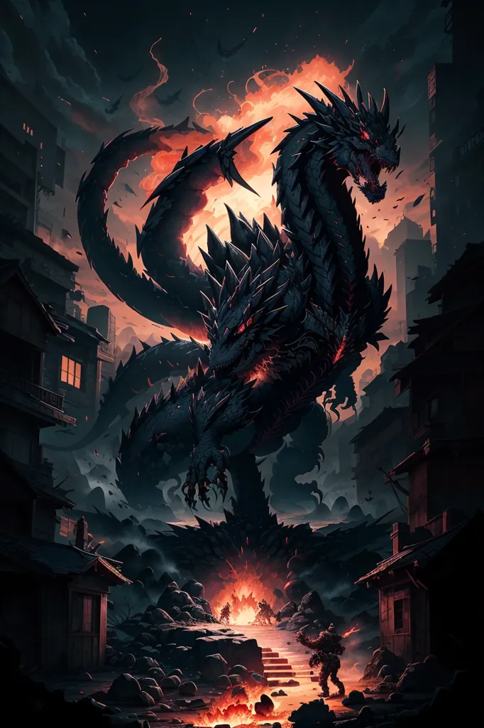 The image is a dark fantasy illustration of a three-headed dragon. The dragon is black with red eyes and has a long, serpentine body. It is standing on a pile of rubble in a ruined city. The dragon's heads are all snarling and have their mouths open, and it is breathing fire. There are two human figures standing in front of the dragon, both of whom are holding swords. The dragon is much larger than the humans, and it appears to be about to attack them.