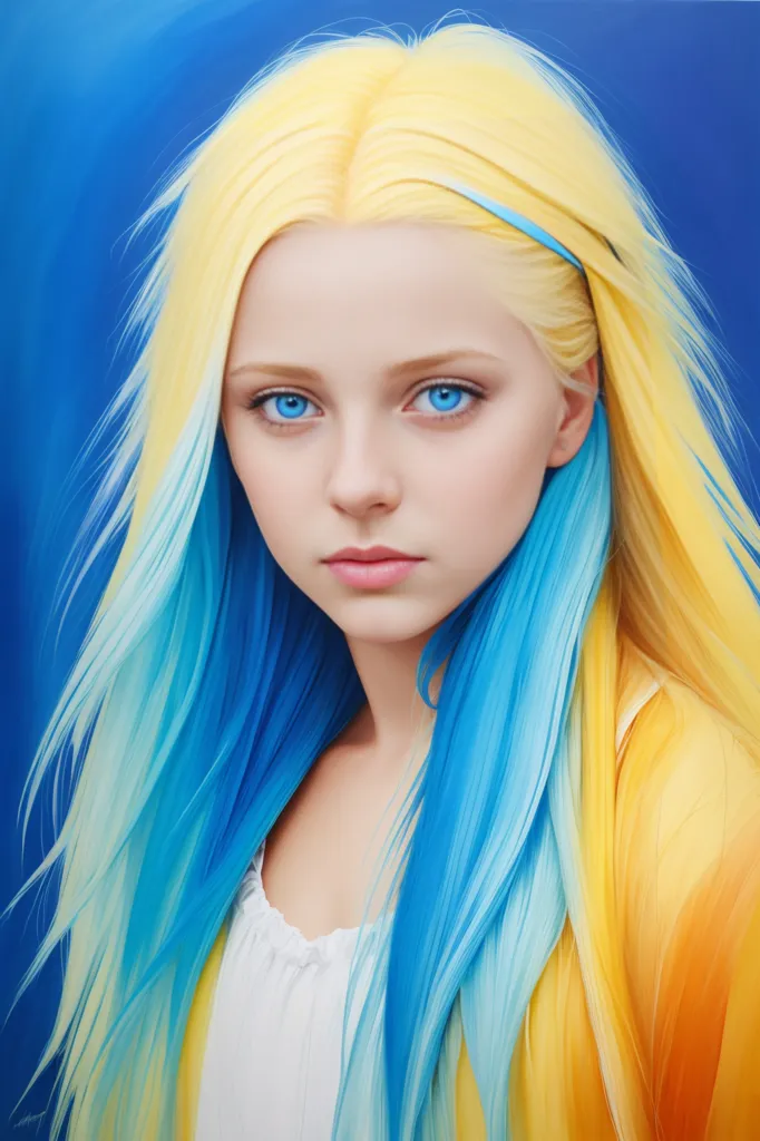 A imagem mostra uma menina jovem com cabelos longos e ondulados. Seu cabelo é de uma cor amarelo brilhante, com mechas azuis na parte inferior. Seus olhos são de uma cor azul claro e sua pele é clara. Ela está usando um vestido branco com um colarinho amarelo. O fundo é de uma cor azul escuro. A menina olha para o observador com uma expressão séria no rosto.