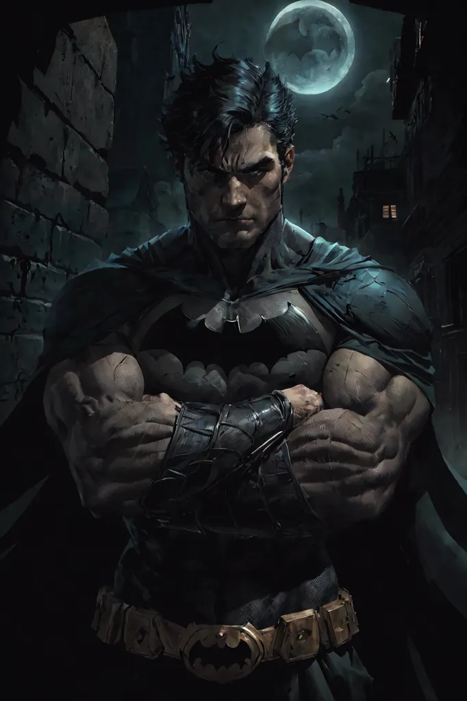 The image is a digital painting of Batman, a superhero from DC Comics. He is standing in a dark alleyway, with his arms crossed over his chest. He is wearing a black and gray batsuit, with a yellow utility belt and a black cape. The background is dark, with a full moon in the sky. The image is highly detailed, with realistic textures and lighting.