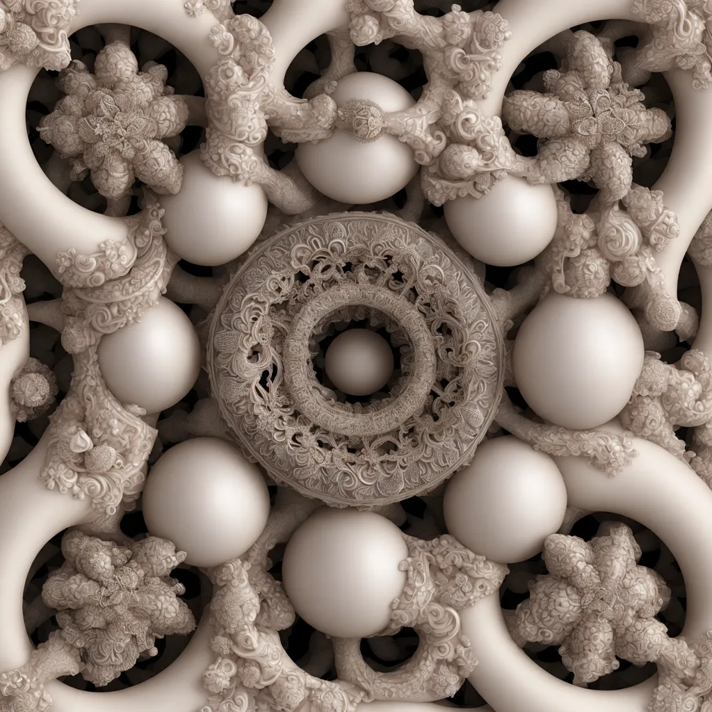 L'image est une représentation en niveaux de gris très détaillée d'un design circulaire orné. Le design est composé de plusieurs cercles imbriqués, chacun avec un motif unique et complexe. Les cercles sont disposés dans un motif symétrique, avec un grand cercle central entouré de quatre plus petits cercles, chacun entouré de quatre cercles encore plus petits. Les cercles sont reliés par un réseau de branches ou de vignes, qui sont également ornées de manière complexe. Le design a une apparence tridimensionnelle, les cercles et les branches semblant sculptés. L'effet global est à la fois beau et complexe.