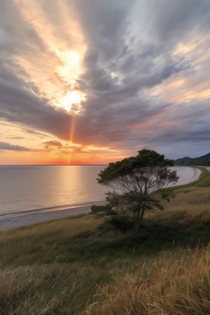 この画像は水域の上に沈む夕日を示しています。空は橙色、黄色、ピンク、そして青のグラデーションになっています。太陽は雲の後ろに沈み、水面に光の筋を投げかけています。前景には木が立ち、岸辺には草や植物が見られます。水面は穏やかで静かです。この画像は平和で穏やかな雰囲気を醸し出しています。