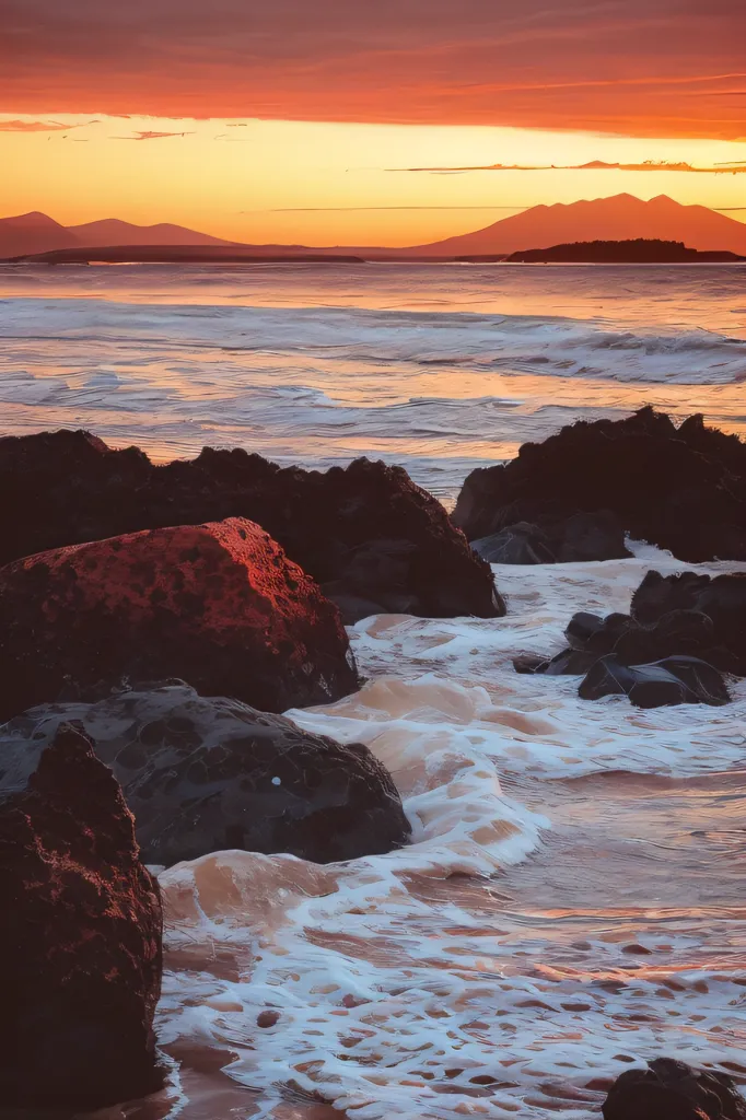 L'image montre une plage rocheuse au coucher du soleil. Le ciel et l'eau sont tous deux d'une couleur orange foncée. Le soleil se couche derrière les montagnes à l'horizon. Les vagues s'écrasent doucement contre les rochers. Il y a quelques mouettes qui volent dans le ciel. Les rochers sont recouverts d'une variété de couleurs, notamment du brun, du noir, du rouge et de l'orange. L'eau est claire et on peut voir le reflet du soleil à la surface. La plage est paisible et tranquille.