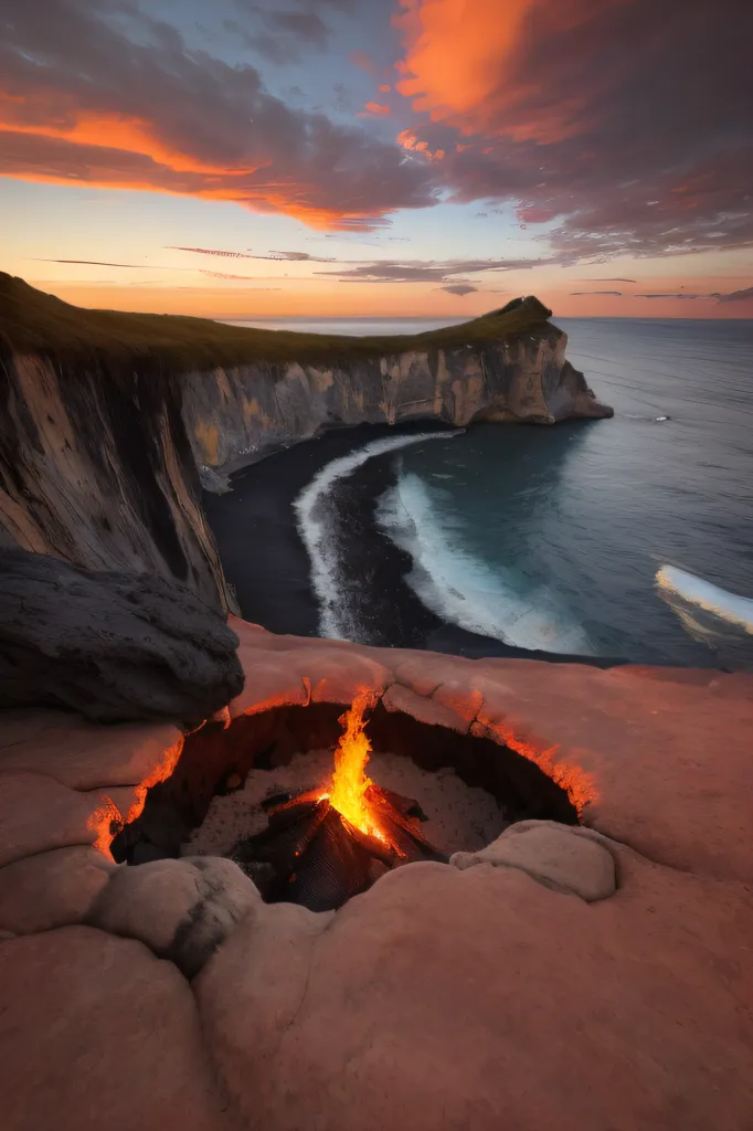 The image is a beautiful landscape of a rugged coastline at sunset. The sky and the sea are ablaze with color, and the waves are crashing against the rocks. There is a bonfire burning on a rock outcropping, and a small island can be seen in the distance. The image is full of contrast, with the bright colors of the sky and the sea set against the dark rocks. The setting is both beautiful and dramatic, and the image captures the power and beauty of nature.