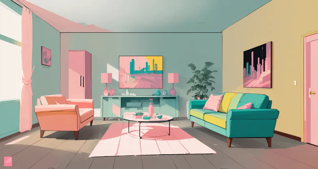 The image is of a living room. There is a pink sofa, a blue sofa, and a pink armchair. There is a coffee table between the sofa and the armchair. There is a television, a plant, and two lamps on the TV stand. There is a pink curtain on the window. There is a painting on the wall behind the blue sofa. There is a door on the right wall. The floor is white. The walls are pink, blue, and green.