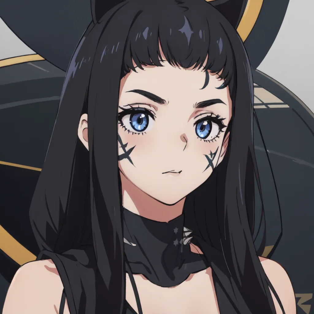 The image is an anime-style portrait of a young woman with cat ears and blue eyes. She has black hair and is wearing a black choker. Her expression is serious and slightly defiant. She has black markings on her face. She is wearing a black and grey outfit.