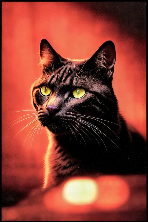 A close-up portrait of a cat with bright yellow eyes. The cat is dark brown with black stripes and a pink nose, and is looking to the right of the frame. The background is blurry and is a gradient of orange and black.