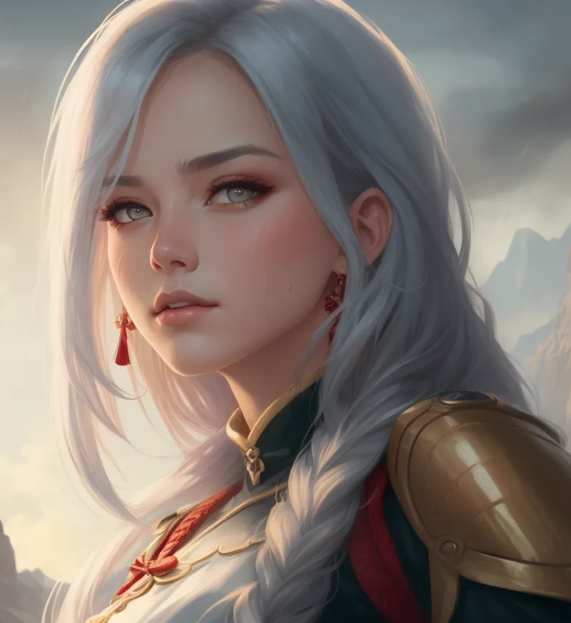 The image is a portrait of a beautiful young woman with long white hair and brown eyes. She is wearing a white and red dress with gold armor. The woman has a serene expression on her face. The background is a blur of grey clouds.