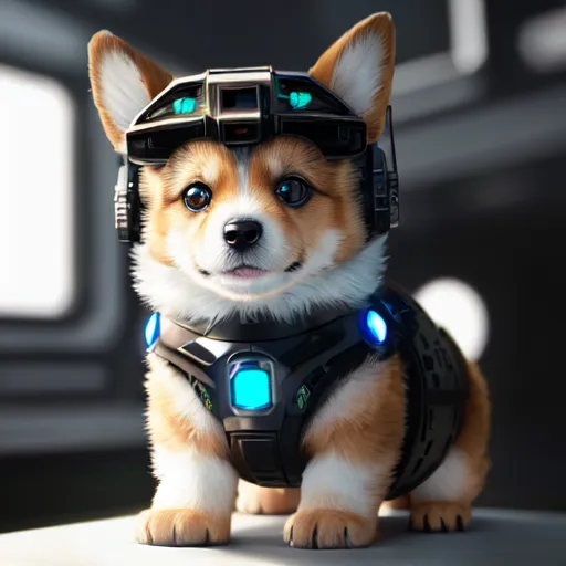 The image shows a small, fluffy corgi puppy wearing a futuristic helmet and body armor. The puppy is sitting on a table, looking at the camera with its big, round eyes. The helmet has a visor that is covering its eyes and there are two small, blue lights on the sides of the helmet. The body armor is black and blue and has a glowing blue light in the center. The puppy's tail is wagging and it seems to be excited.