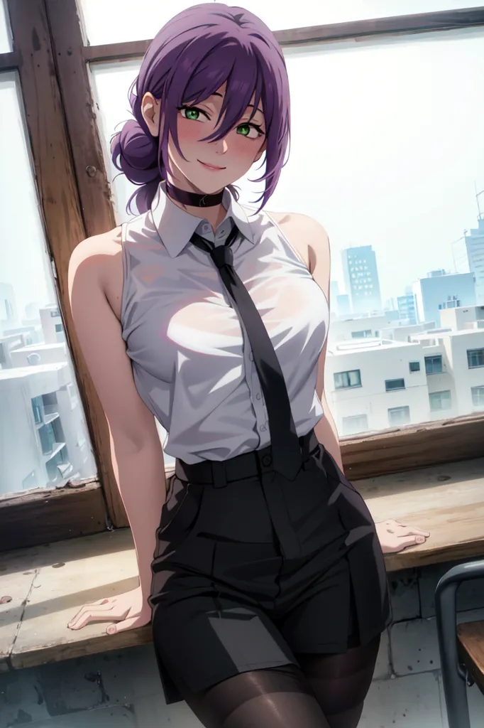 The image shows a young woman with purple hair and green eyes. She is wearing a white button-down shirt, black tie, and black skirt. She is standing in front of a window, and there is a cityscape in the background. The woman is smiling and has a confident expression on her face.