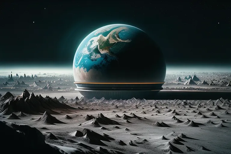 L'image montre une vue de la Terre depuis la surface de la lune. La Terre est représentée comme une sphère bleue-verte de grande taille, tandis que la lune est montrée comme un monde aride et rocheux. La Terre est entourée d'une fine atmosphère, tandis que la lune n'en a pas. L'image se déroule dans le futur, car la Terre a été colonisée par les humains et transformée en un monde luxuriant et verdoyant. La lune a également été colonisée, mais elle reste un environnement hostile et impitoyable. L'image est un rappel de la beauté de la Terre et de l'importance de la protéger.