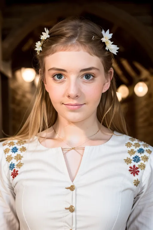 The picture shows a young woman, probably in her late teens, with long blond hair and blue eyes. She is wearing a white dress with red and blue embroidery around the collar. There are also white flowers in her hair. The background is blurry, but it looks like there are candles behind her. The woman has a serene expression on her face.