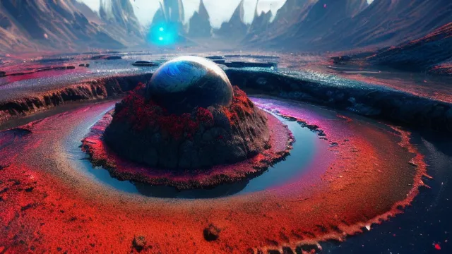 The image is of a planet with a large, glowing sphere in the center. The sphere is surrounded by a moat of red liquid, and the rest of the planet is covered in a rocky, dusty landscape. There are large mountains in the background, and the sky is a dark blue.