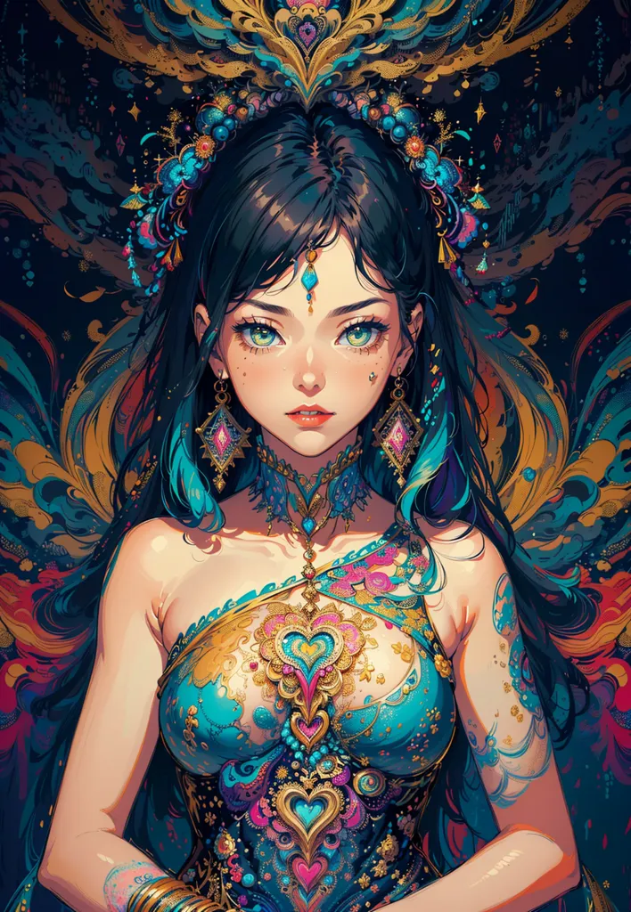 This is an image of a woman with long black hair and green eyes. She is wearing a blue and gold colored outfit with a lot of intricate details. She is also wearing a lot of jewelry, including a necklace, earrings, and a headpiece. The background of the image is dark blue with a lot of stars and other small details.