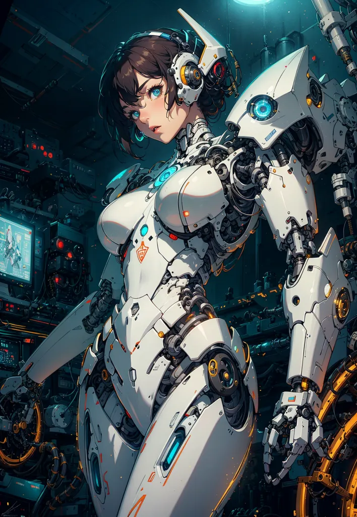 The image is a painting of a beautiful woman with brown hair and blue eyes. She is wearing a white and gray bodysuit with a lot of technological details. She is also wearing a pair of headphones. The background is a dark room with a lot of machinery. The painting is in a realistic style and the artist has paid a lot of attention to detail.