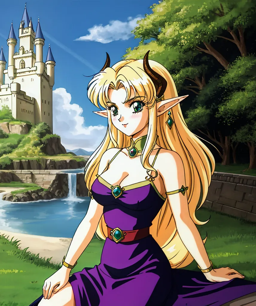 The image is of a beautiful woman with long blond hair and green eyes. She is wearing a purple dress with a gold necklace and a red sash. She is sitting on a rock in front of a waterfall. There is a castle in the background. The woman has horns on her head and elf-like ears. She is smiling.