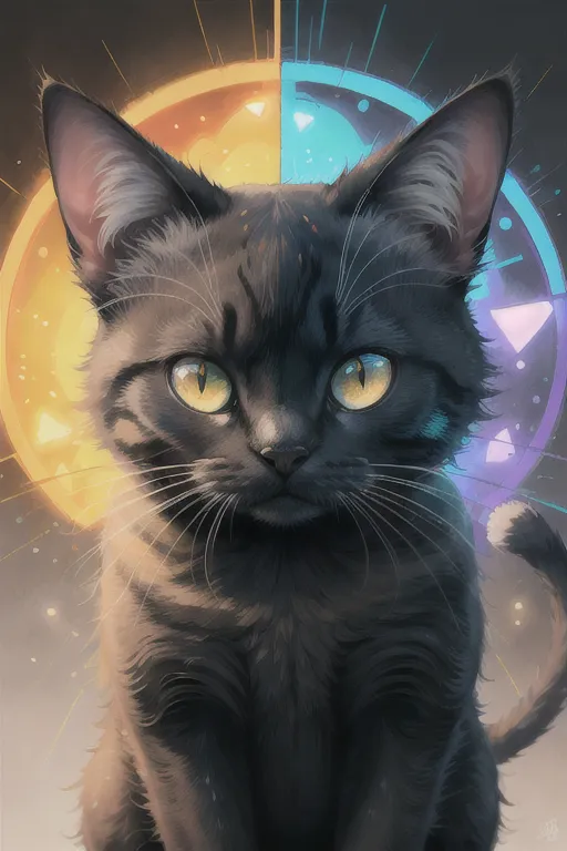 Esta es una pintura digital de un gato negro con ojos amarillos muy abiertos. El gato está sentado con la cola enrollada alrededor de sus patas. Hay un círculo brillante amarillo y azul detrás del gato, y varias formas pequeñas de triángulo en el fondo. El gato mira al espectador con una expresión curiosa.