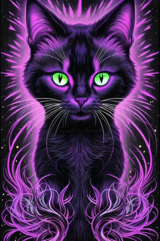 La imagen es una pintura digital de un gato negro con ojos verdes. El gato está rodeado de un resplandor púrpura y tiene un patrón floral estilizado en su pelaje. El fondo es un azul oscuro con un cielo estrellado nocturno.