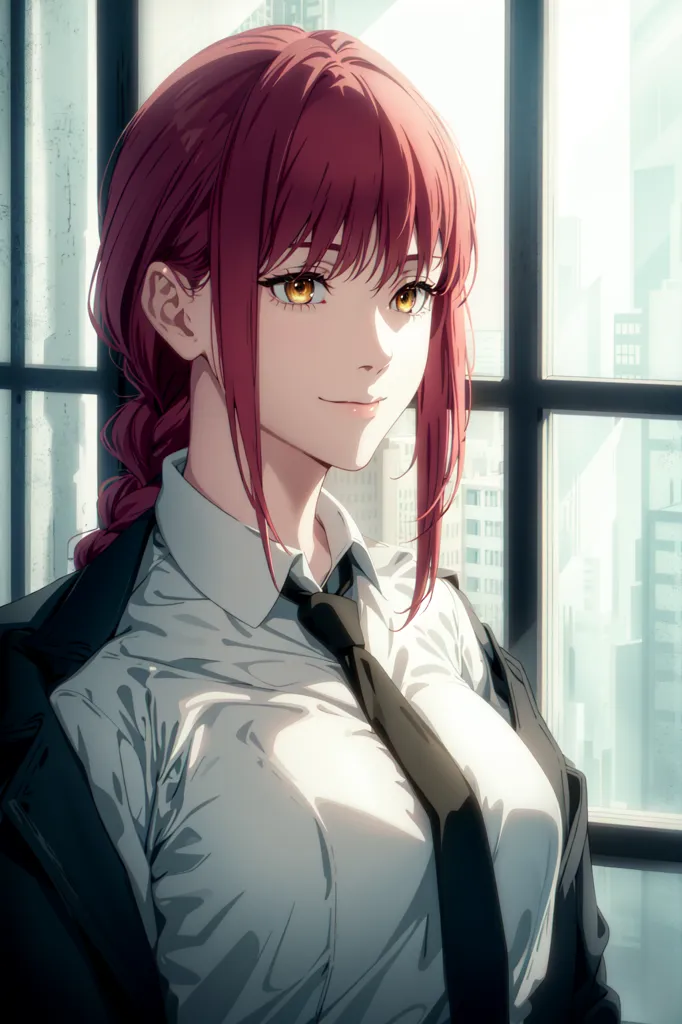 The image shows a young woman with red hair and yellow eyes. She is wearing a white shirt and a black tie. The woman has a confident smile on her face. She is standing in front of a window. There are buildings in the background.