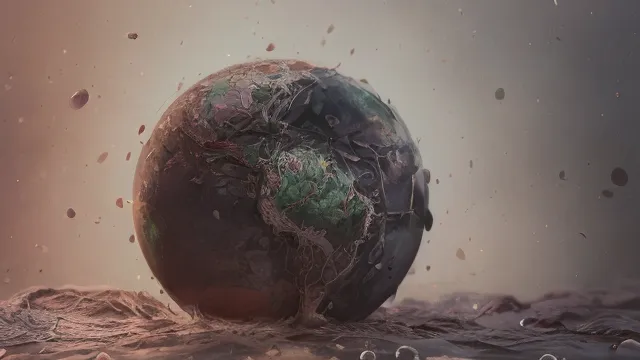 The image is showing a post-apocalyptic Earth. The once blue and green planet is now a barren wasteland. The surface is cracked and broken. The continents are no longer recognizable. The oceans have dried up. The sky is a dark, dusty red. There are no signs of life. The image is a reminder of the fragility of our planet and the importance of protecting it.