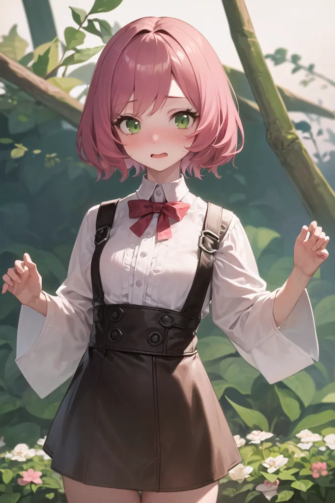 The image shows a young girl with pink hair and green eyes. She is wearing a white blouse, a brown skirt, and a red bow tie. She is standing in a forest, and there are flowers in the foreground. The girl is looking at the viewer with a surprised expression on her face.