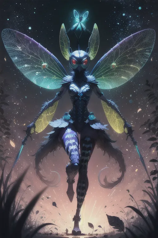 The image is a digital painting of a fairy-like creature. The creature has the body of a woman, but the head of a fly. She has large, iridescent wings and a pair of antennae. Her skin is green and her eyes are red. She is wearing a revealing outfit made of leaves and flowers. She is also carrying a pair of swords. The creature is standing in a forest, surrounded by flowers and mushrooms. The background is a dark blue sky, with a few stars visible.