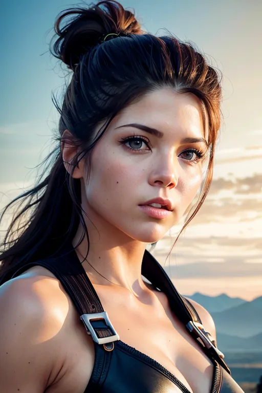 The image shows a young woman with long brown hair and blue eyes. She is wearing a black leather outfit with a plunging neckline and a belt with two buckles. The background is a blurred landscape with mountains and a sunset. The woman's expression is serious and thoughtful. She is looking to the right of the frame, which is an angle that is often used to convey confidence and power. The image is well-lit and the colors are vibrant. The woman's skin is smooth and flawless, and her hair is shiny and healthy. The image is a portrait, which means that it is focused on the woman's face. The background is blurred, which helps to draw attention to the woman. The woman's expression is serious and thoughtful, which suggests that she is thinking about something important. The image is well-lit and the colors are vibrant, which helps to create a positive and energetic mood.