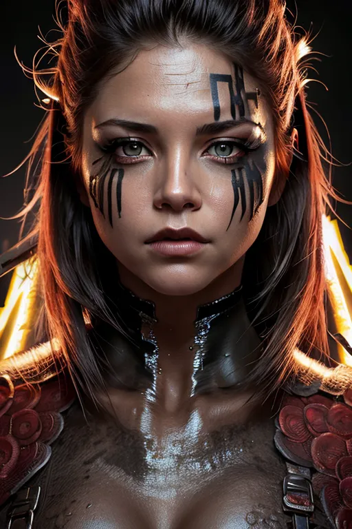 This image shows a young woman, probably a warrior, with dark hair and green eyes. She has black paint on her face and neck, and she is wearing a black and red outfit. She has a determined expression on her face, and she is looking at the viewer with her head tilted a bit downwards at an angle.