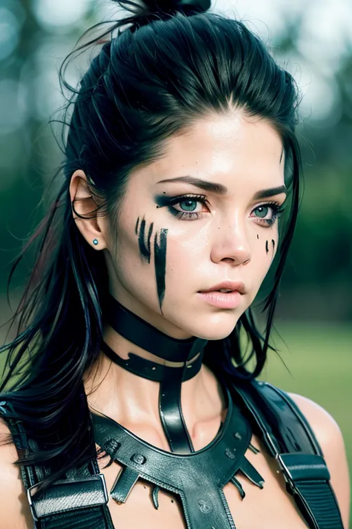 The image shows a young woman, probably in her early 20s, with long dark hair tied in a bun. She has blue eyes and dark eyebrows. She is wearing a black leather choker and a black leather harness on her chest. There are some blue and black stripes painted on her face. She looks like a warrior or an adventurer. She is standing in a forest, probably on a mission.