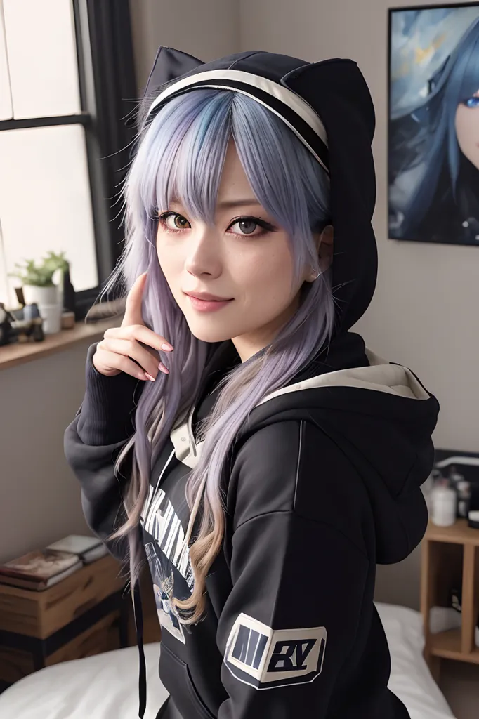 The image shows a young woman with long purple hair and brown eyes. She is wearing a black hoodie with a white and gray design on the sleeves and a cat-eared hood. She is sitting on a bed with a white blanket and there is a window and a picture on the wall behind her.