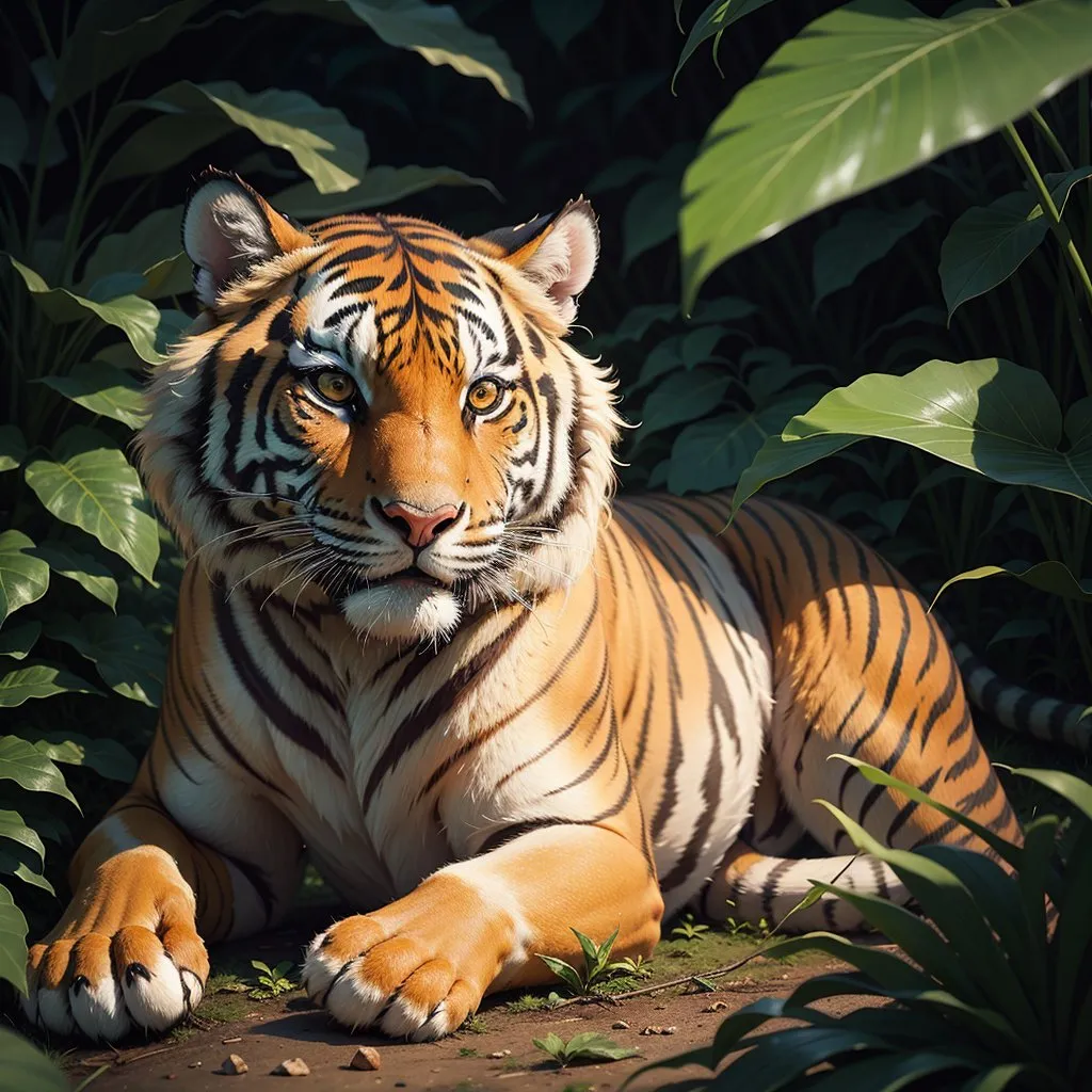 A imagem mostra um tigre descansando em uma selva verde exuberante. O tigre está deitado no chão com os olhos fechados e as patas esticadas à sua frente. O pelo do tigre é de um belo laranja e preto, e o fundo da imagem é um borrão de folhas verdes. O tigre está em uma posição relaxada, e a imagem é muito pacífica.