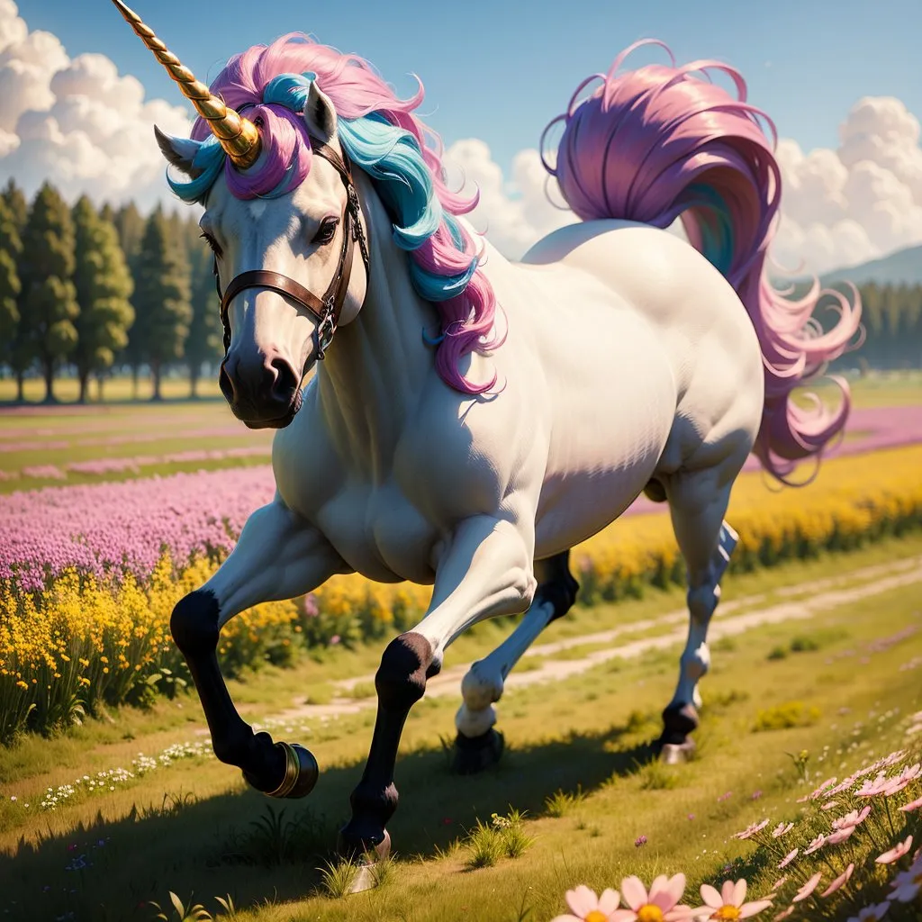 This is a digital painting of a unicorn. It is a white horse with a long, flowing mane and tail. Its mane and tail are a mix of blue, green, and pink. The unicorn is also wearing a golden horn and a bridle. It is standing in a field of flowers, and there are trees and mountains in the background. The unicorn is facing the viewer and is in mid-stride. It has a determined look on its face, as if it is on a mission.