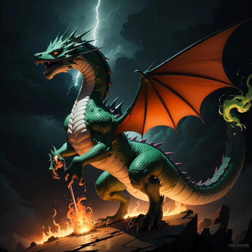 The image is a digital painting of a green dragon. The dragon is standing on a rocky cliff, with a stormy sky and lightning in the background. The dragon is muscular and has large, powerful wings. It is covered in green scales, and its eyes are a bright yellow. The dragon is holding a sword in its right claw, and there is a fire burning on the ground in front of it.