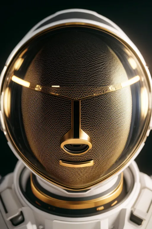 The image shows a close-up of an astronaut's helmet. The helmet is white and gold, the astronaut is looking straight at the viewer. The visor is made of a golden metal and has a slight reflection. The reflection is of a dark room, with a bright light in the distance. The astronaut's face is not visible, but the outline of their head can be seen through the visor. The helmet is decorated with various buttons and switches.