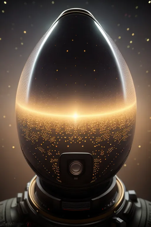 The image is a close-up of a futuristic astronaut helmet. The helmet is black and has a reflective gold visor. There are lights on the helmet that are reflecting off of the visor. The background of the image is a dark starry night sky with a bright light in the distance. The astronaut is looking at the light.