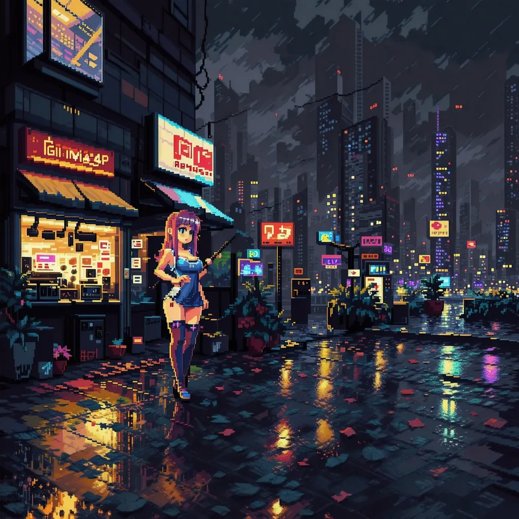 The image is a pixelated illustration of a rainy street in a city at night. The street is lit by the lights of the buildings and the reflections of the neon signs on the wet pavement. There is a woman standing in front of a shop. She is wearing a blue dress and a pink apron. She has her hands in her pockets and is looking down at the ground. There are a few plants in pots on the sidewalk in front of the shop. The image is very detailed and captures the feeling of a rainy night in the city.