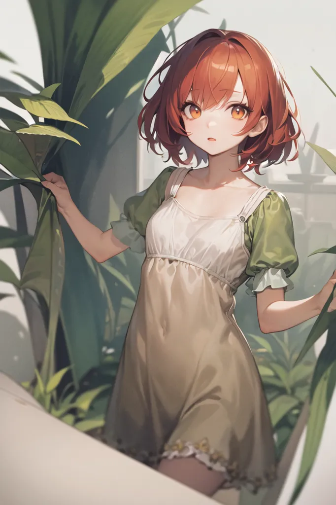 This is an image of a girl with orange hair and brown eyes. She is wearing a white dress with a green pinafore. She is standing in a garden, surrounded by tall green plants. The girl is looking at the camera with a curious expression on her face.