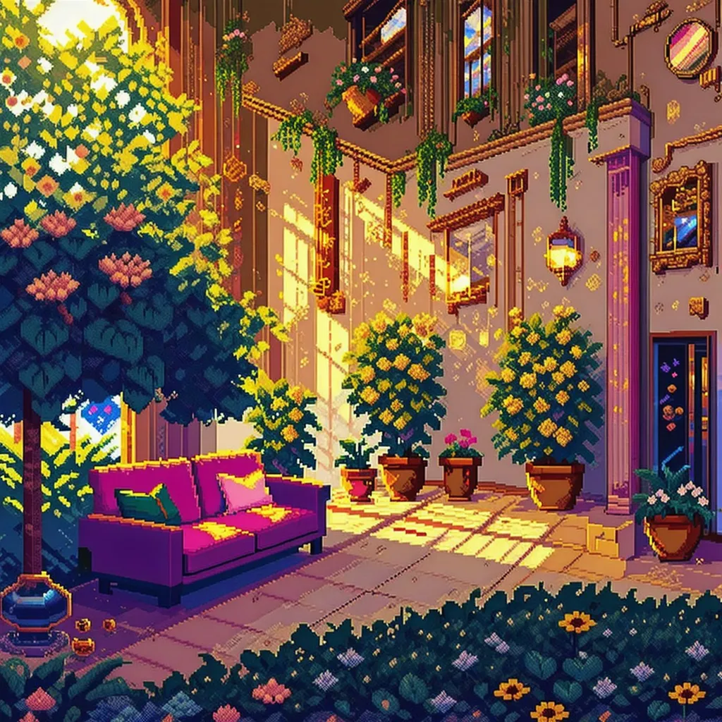 The image shows a beautiful pixel art of an indoor garden. The garden has a lot of plants and flowers, and there is a pink sofa in the middle. The walls are decorated with paintings and mirrors. The floor is made of stone tiles. The garden is lit by a large window that lets in the sunlight. There is a door on the right side of the image that leads to another room.