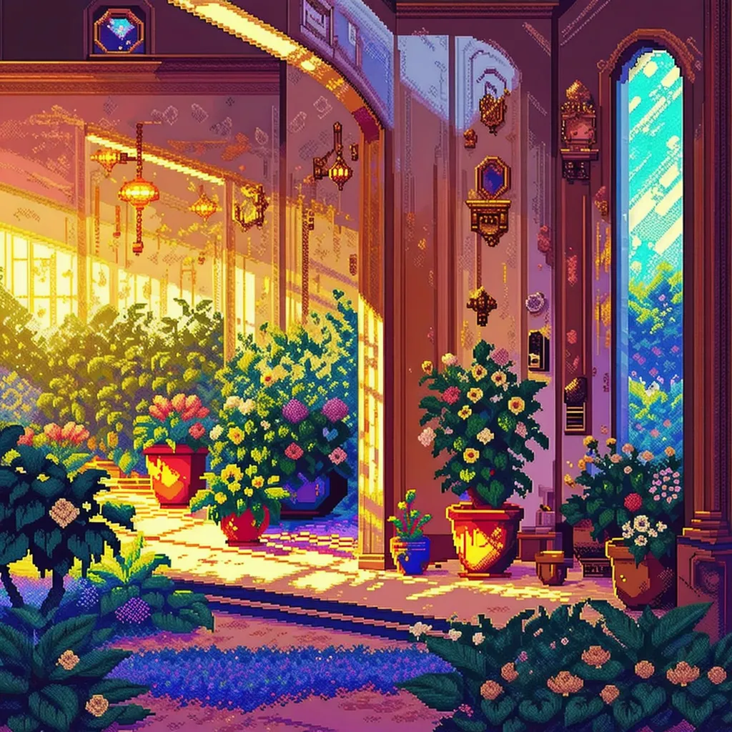 The image shows a pixelated hallway with a tiled floor and a large window at the end of the hall. There are several potted plants on both sides of the hall and two lanterns hanging from the ceiling. The walls are decorated with paintings and there is a clock on the wall to the right. The image is warm and inviting, and it has a calming effect.