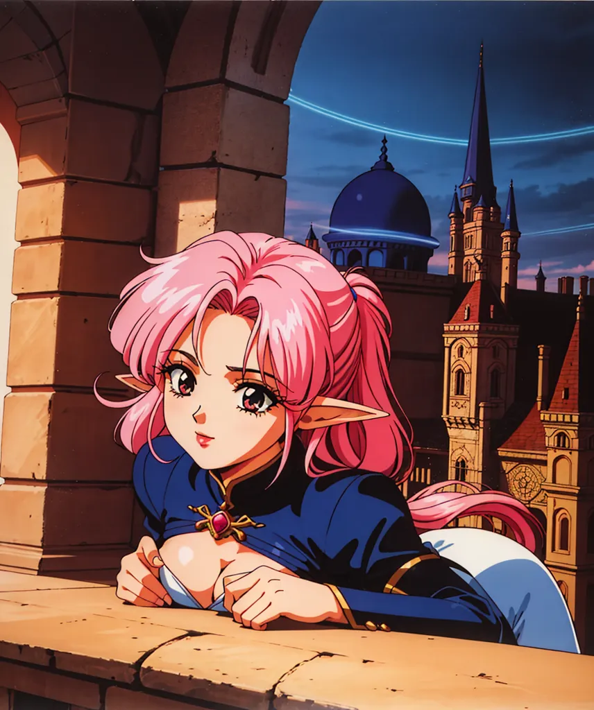 The image is of a young woman with pink hair and elf ears. She is wearing a blue and white outfit and is looking out a window. There is a cityscape in the background. The woman has a thoughtful expression on her face.