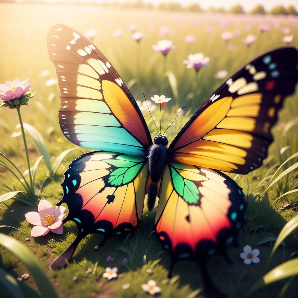 A multi-colored butterfly with yellow, blue, green, and red markings on its wings is perched on a stalk in a field of flowers. The butterfly is facing the viewer with its wings spread open. The flowers in the field are mostly pink and white, with a few yellow ones. The grass in the field is green and lush. The sun is shining brightly in the background, casting a warm glow over the scene.