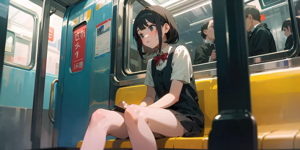 The image is a depiction of a young girl sitting in a train. She has short brown hair and brown eyes, and is wearing a white shirt, black vest, and red bow tie. She is sitting on a yellow seat, with her legs crossed and her hands holding her phone. The train is crowded, with other passengers standing in the background.