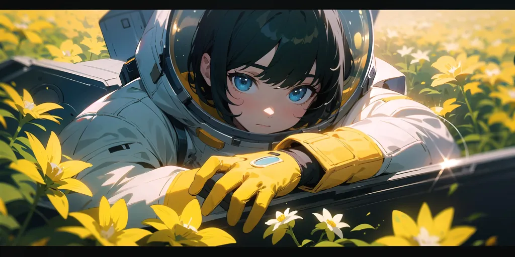 L'image représente une jeune fille en combinaison spatiale couchée dans un champ de fleurs jaunes. La fille porte une combinaison spatiale blanche avec une visière jaune. Elle a les cheveux courts noirs et les yeux bleus. Elle est couchée sur le ventre, la tête posée sur ses mains. La fille regarde les fleurs. Les fleurs sont jaunes et blanches. Elles sont petites et délicates. L'arrière-plan de l'image est un flou de jaune et de vert. L'image est paisible et sereine.