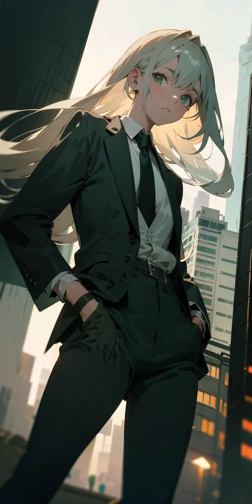 The image is of a woman wearing a black suit and tie. She has long white hair and green eyes. She is standing in a city with tall buildings in the background. She has one hand in her pocket and the other holding her jacket. She is looking at the viewer with a serious expression.