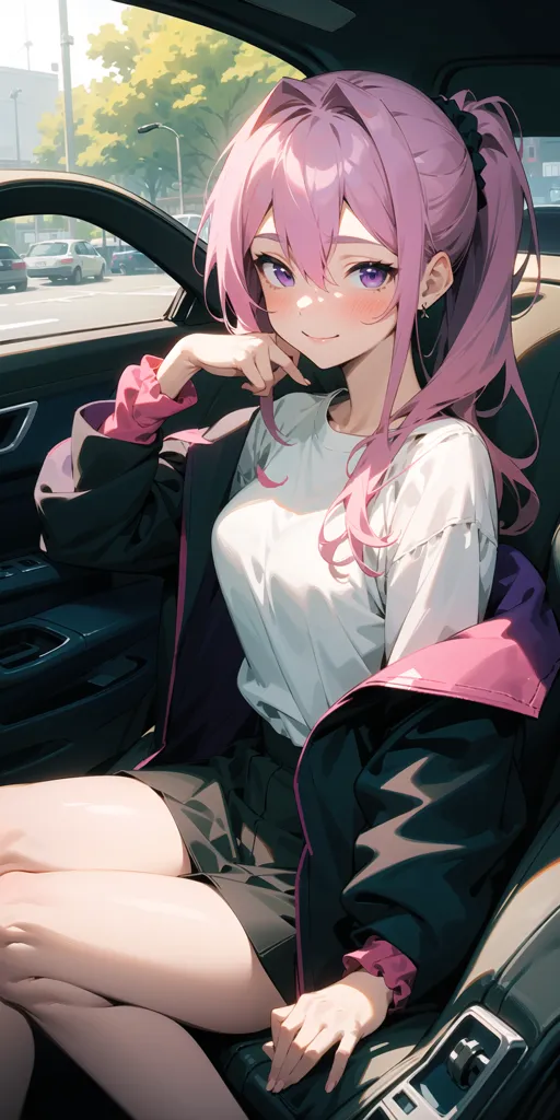 The image shows a young woman with pink hair and purple eyes sitting in the driver's seat of a car. She is wearing a white shirt, a black jacket, and a gray skirt. She has a ponytail and is smiling. The car is parked on a street with trees and buildings in the background.