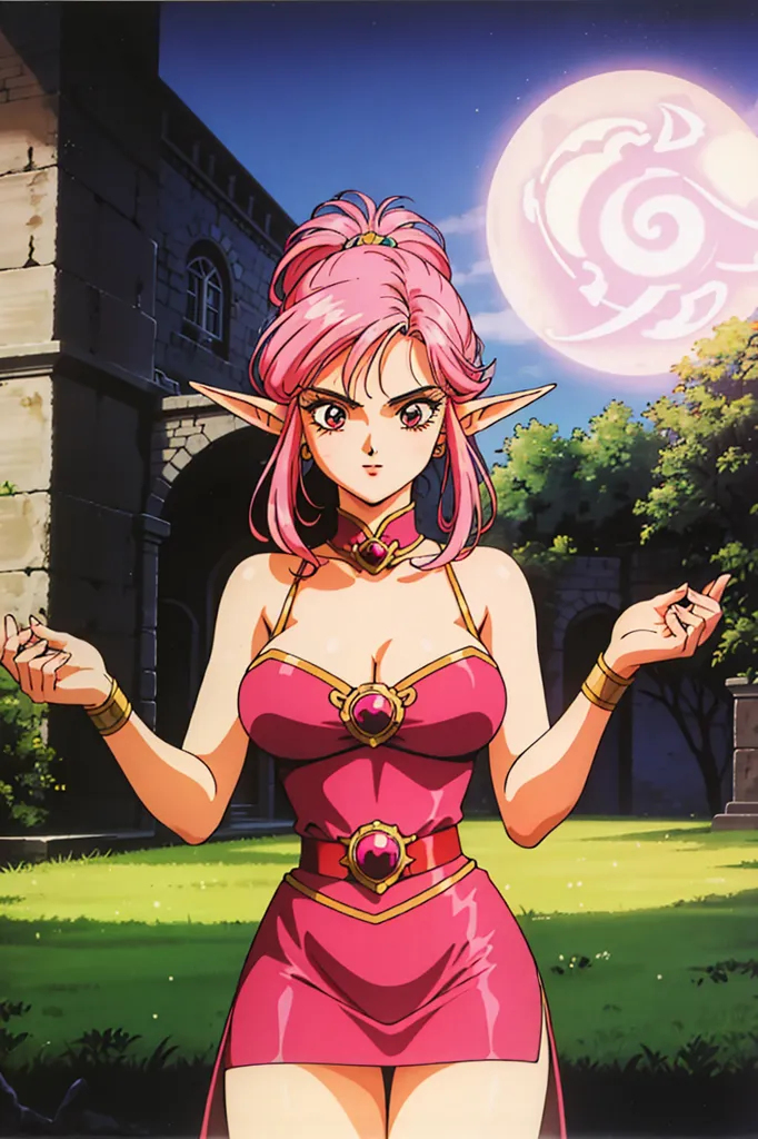 The image is of an anime-style girl with long pink hair, pointy ears, and purple eyes. She is wearing a pink dress with a white collar and a pink bow in her hair. She has a serious expression on her face and is standing in a courtyard with a large stone building in the background. There is a large pink moon in the sky and she appears to be using some kind of magic.