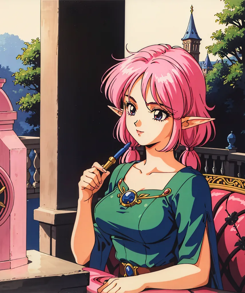 The image is of an anime-style girl with pink hair and green eyes. She is wearing a green dress with a white collar and has a blue gem on her chest. She is sitting in a chair and writing something with a quill pen. There is a pink clock on the table to her right. The background is of a balcony with a view of a city in the distance.