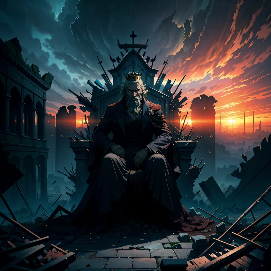 The image is a painting of a king sitting on a throne. He is wearing a dark purple robe and a golden crown. His hair is long and white, and his beard is long and gray. He is sitting on a throne made of swords and rubble. The background is a ruined city with a red sky.